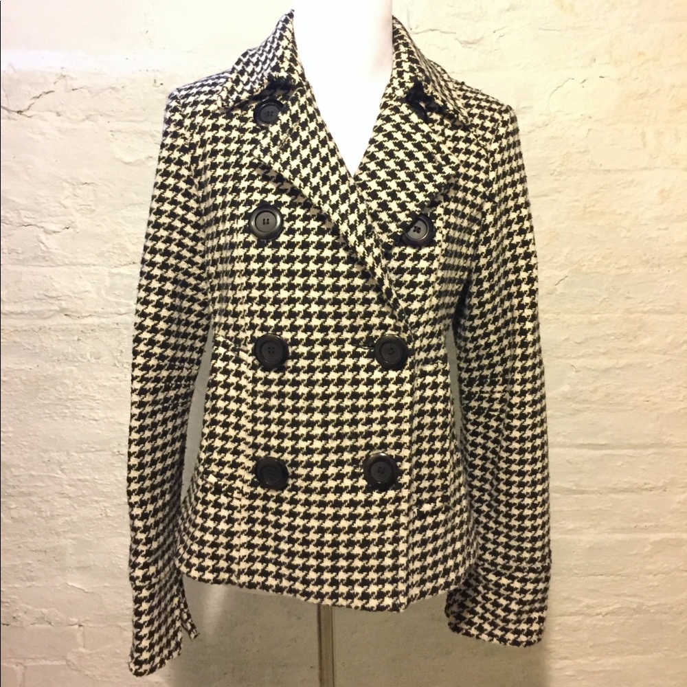 Houndstooth Pea Coat, Hip-length, Black and White